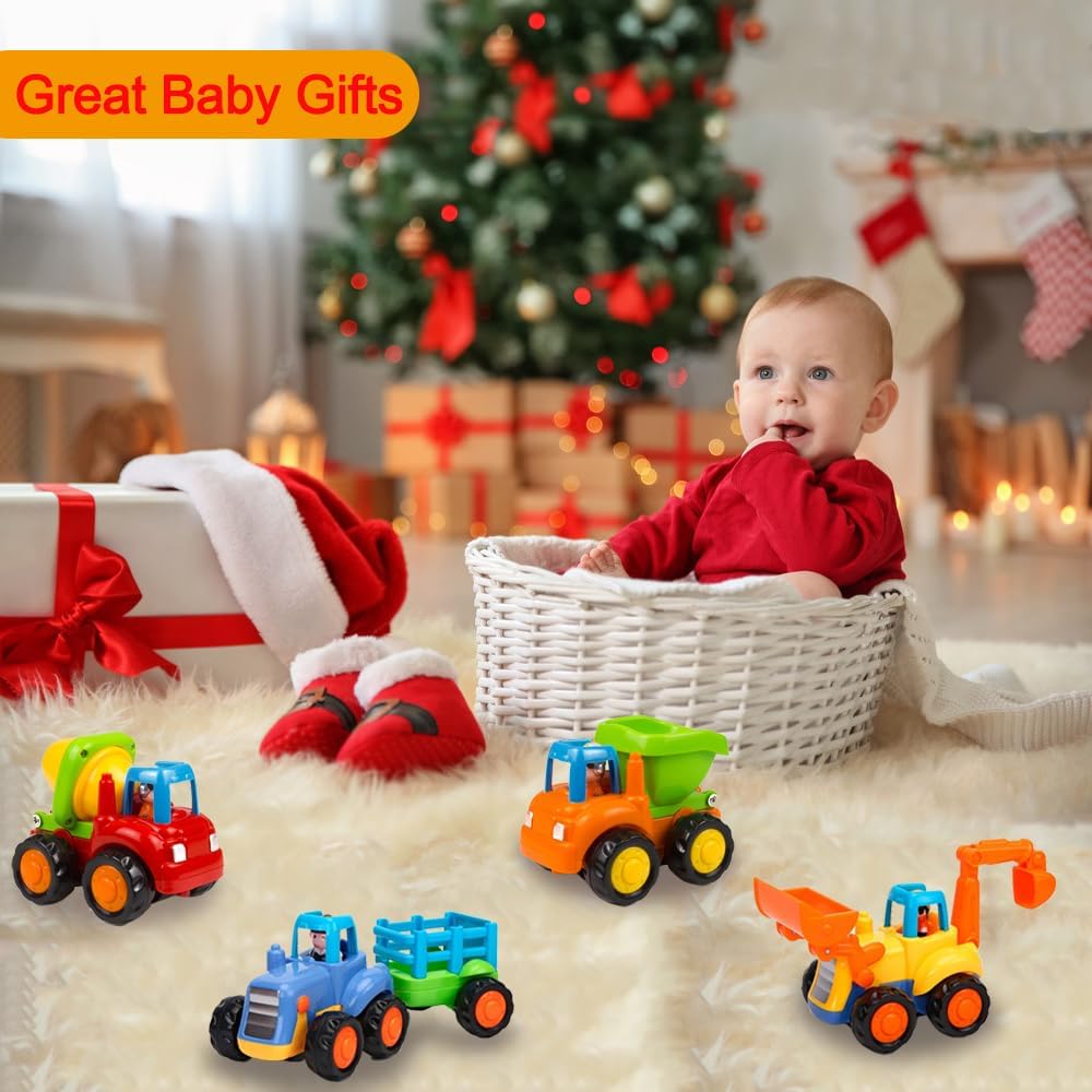 (Pack of 5)Friction Powered Cars Push and Go Trucks Construction Vehicles Toys Set of Tractor Bulldozer Dump Truck Cement Mixer for Baby Toddlers
