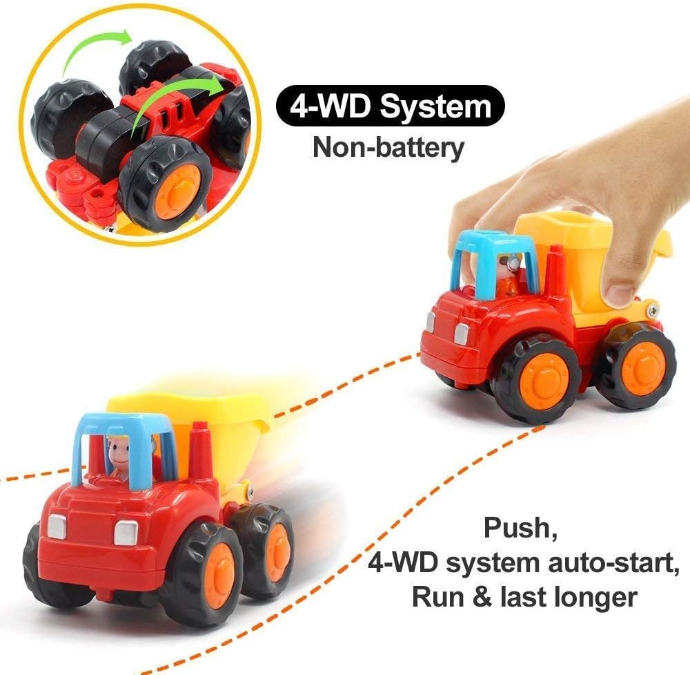(Pack of 5)Friction Powered Cars Push and Go Trucks Construction Vehicles Toys Set of Tractor Bulldozer Dump Truck Cement Mixer for Baby Toddlers