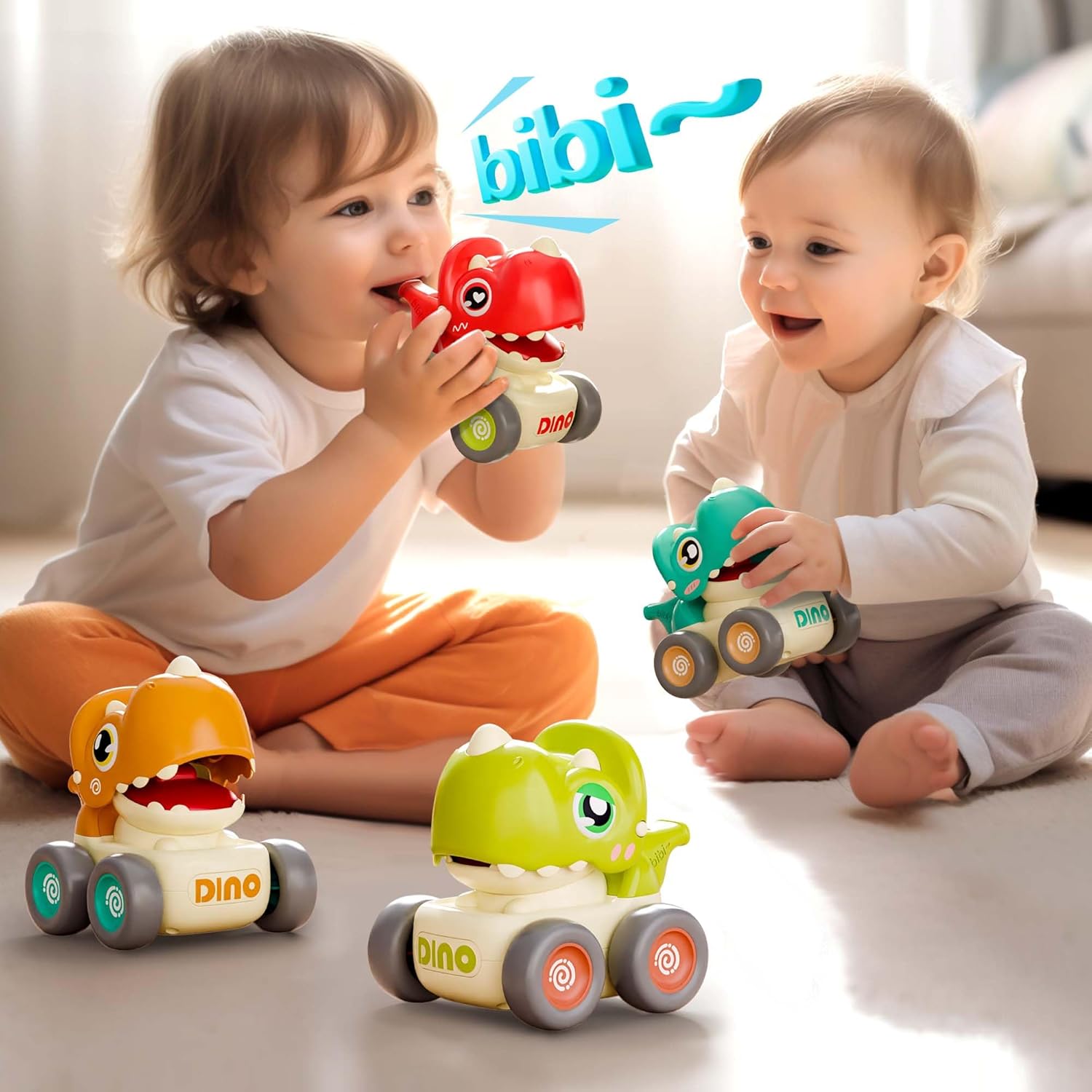 (Pack of 4)Dinosaur Press to Go Car Toys for Toddlers 1-3, Baby Dinos Racing Cars, Infant Play Whistle Vehicle Set, Push Go Friction Car for 6-9-12-18 Month, 1-2 Years Old Boys