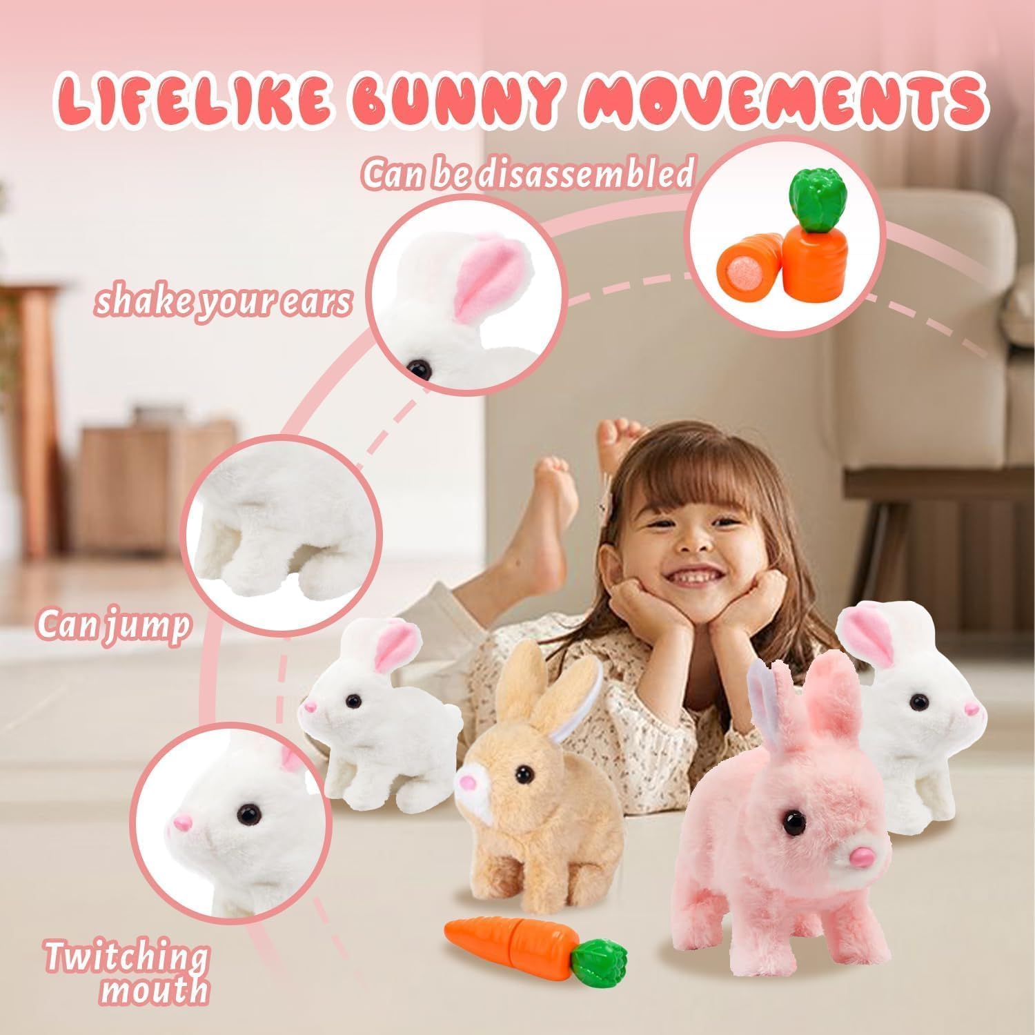 (Pack of 5) Easter Bunny Toy, Rabbit Interactive Hopping Electronic Pet Plush Bunny Toy with Sounds and Movements