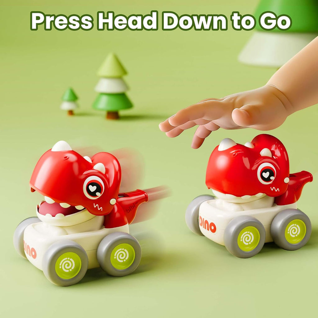 (Pack of 4)Dinosaur Press to Go Car Toys for Toddlers 1-3, Baby Dinos Racing Cars, Infant Play Whistle Vehicle Set, Push Go Friction Car for 6-9-12-18 Month, 1-2 Years Old Boys