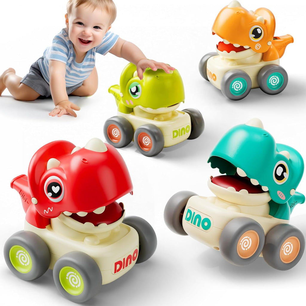 (Pack of 4)Dinosaur Press to Go Car Toys for Toddlers 1-3, Baby Dinos Racing Cars, Infant Play Whistle Vehicle Set, Push Go Friction Car for 6-9-12-18 Month, 1-2 Years Old Boys