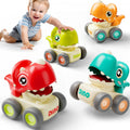 (Pack of 4)Dinosaur Press to Go Car Toys for Toddlers 1-3, Baby Dinos Racing Cars, Infant Play Whistle Vehicle Set, Push Go Friction Car for 6-9-12-18 Month, 1-2 Years Old Boys