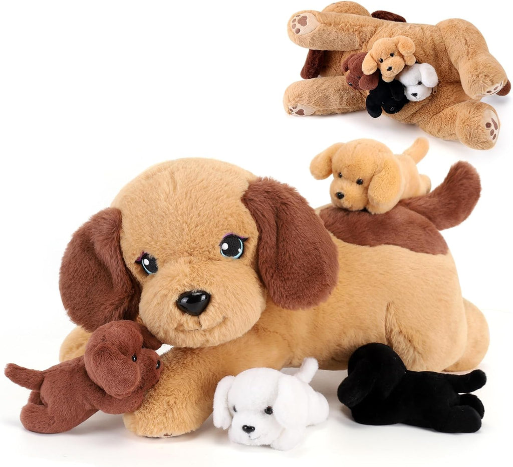 (Pack of 5) 5 Pieces Dog Stuffed Animals with Babies Inside Belly - 1 Mommy Stuffed Dog with 4 Puppy Plush - Stuffed Puppy Plush Toy for Kids Age 3-8