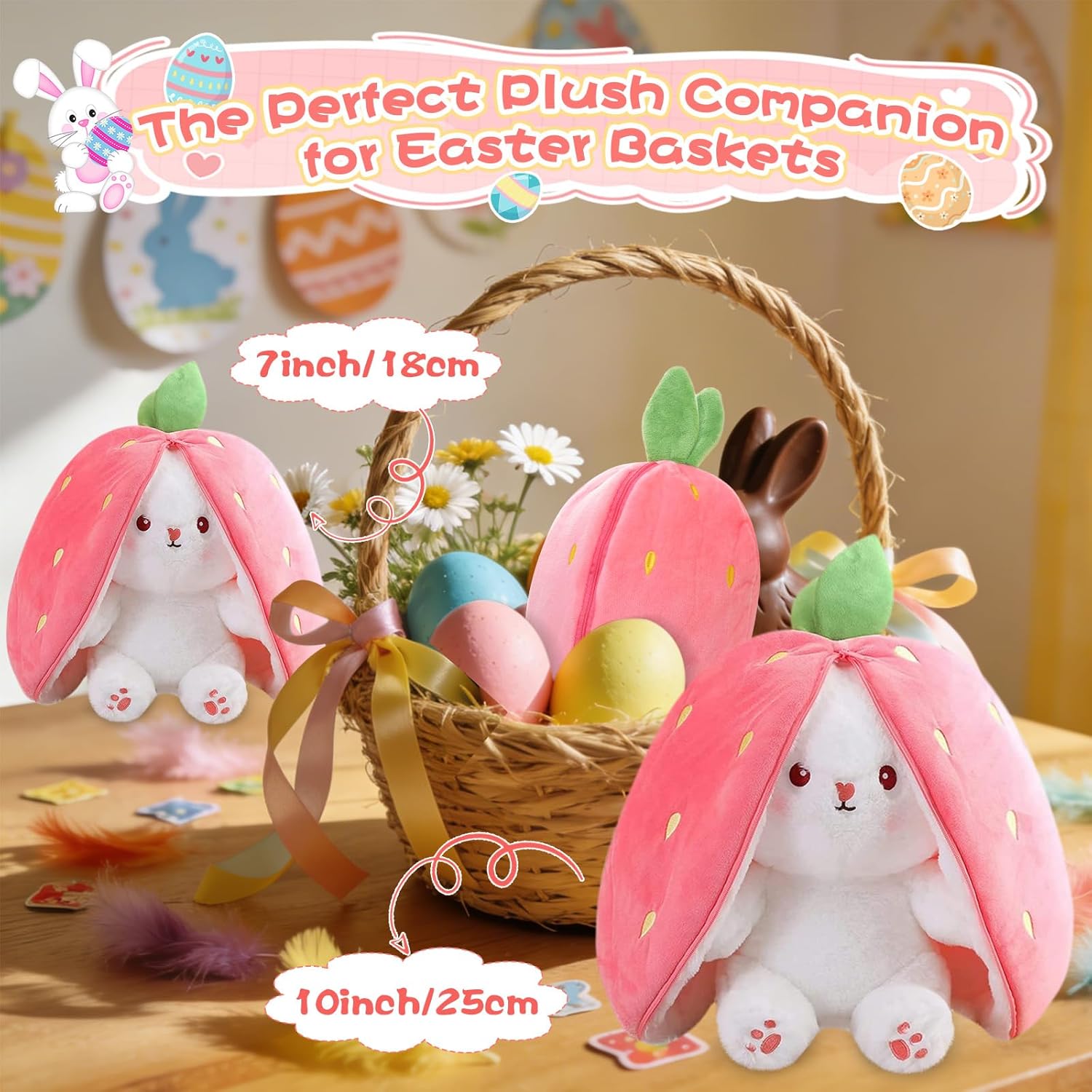 (Pack of 6) Cuddle Bunny Stuffed,Strawberry  Bunny Transformed Rabbit Plush Zipper,Turns Into Ears Bunnies Plushies Toy Cute Stuffy Doll