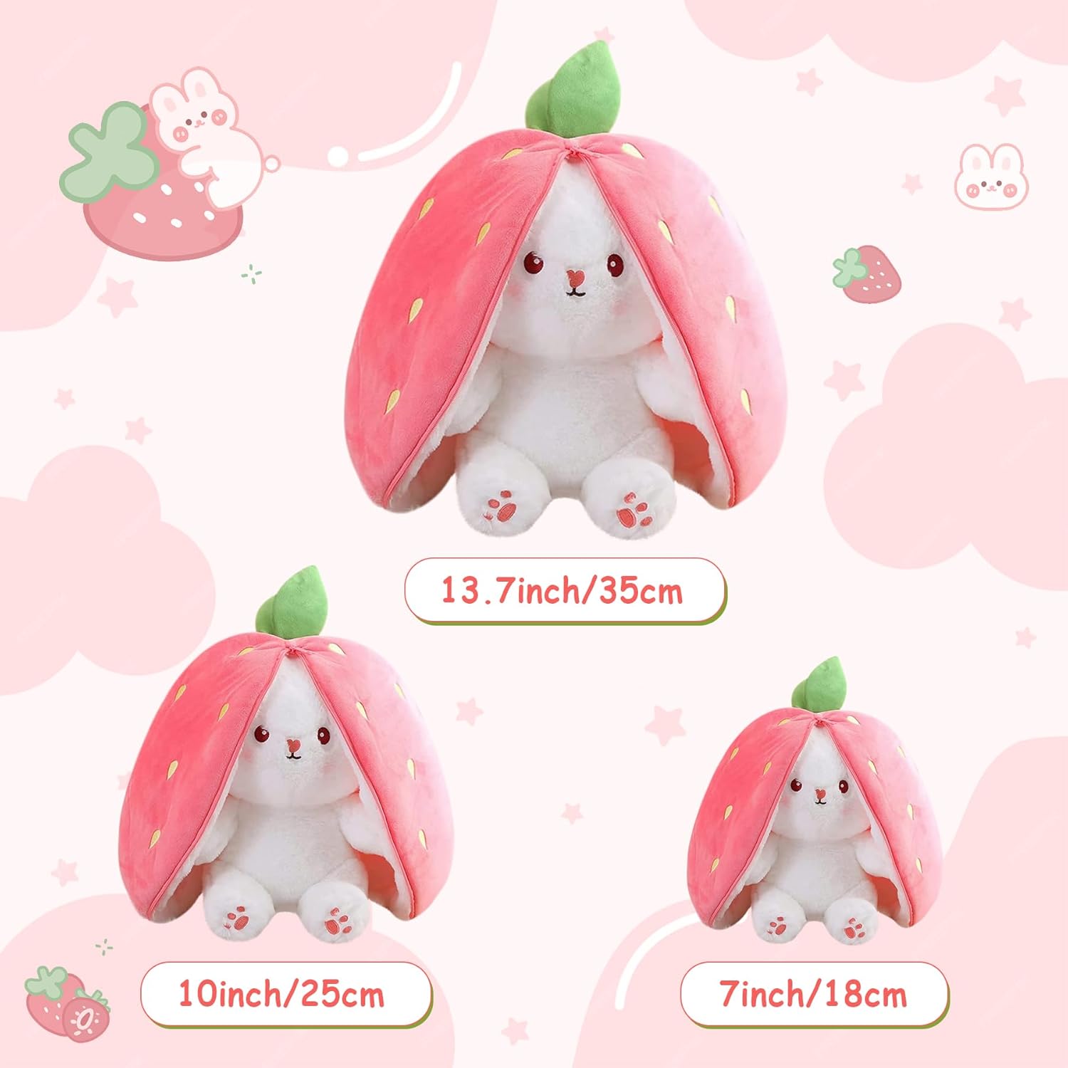 (Pack of 6) Cuddle Bunny Stuffed,Strawberry  Bunny Transformed Rabbit Plush Zipper,Turns Into Ears Bunnies Plushies Toy Cute Stuffy Doll