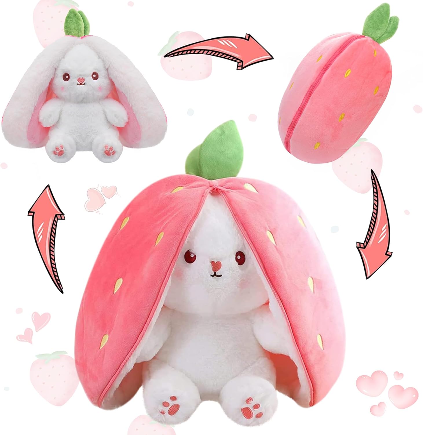 (Pack of 6) Cuddle Bunny Stuffed,Strawberry  Bunny Transformed Rabbit Plush Zipper,Turns Into Ears Bunnies Plushies Toy Cute Stuffy Doll