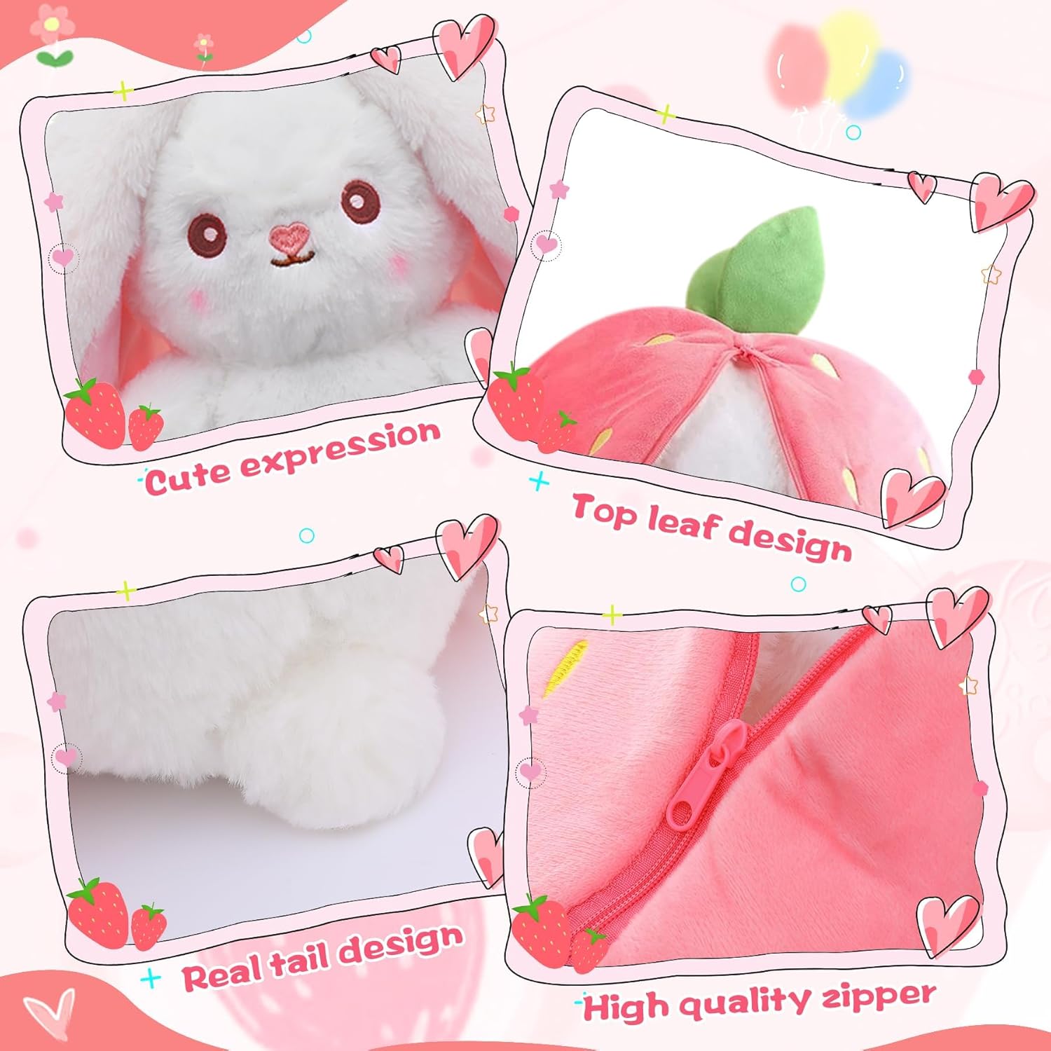 (Pack of 6) Cuddle Bunny Stuffed,Strawberry  Bunny Transformed Rabbit Plush Zipper,Turns Into Ears Bunnies Plushies Toy Cute Stuffy Doll
