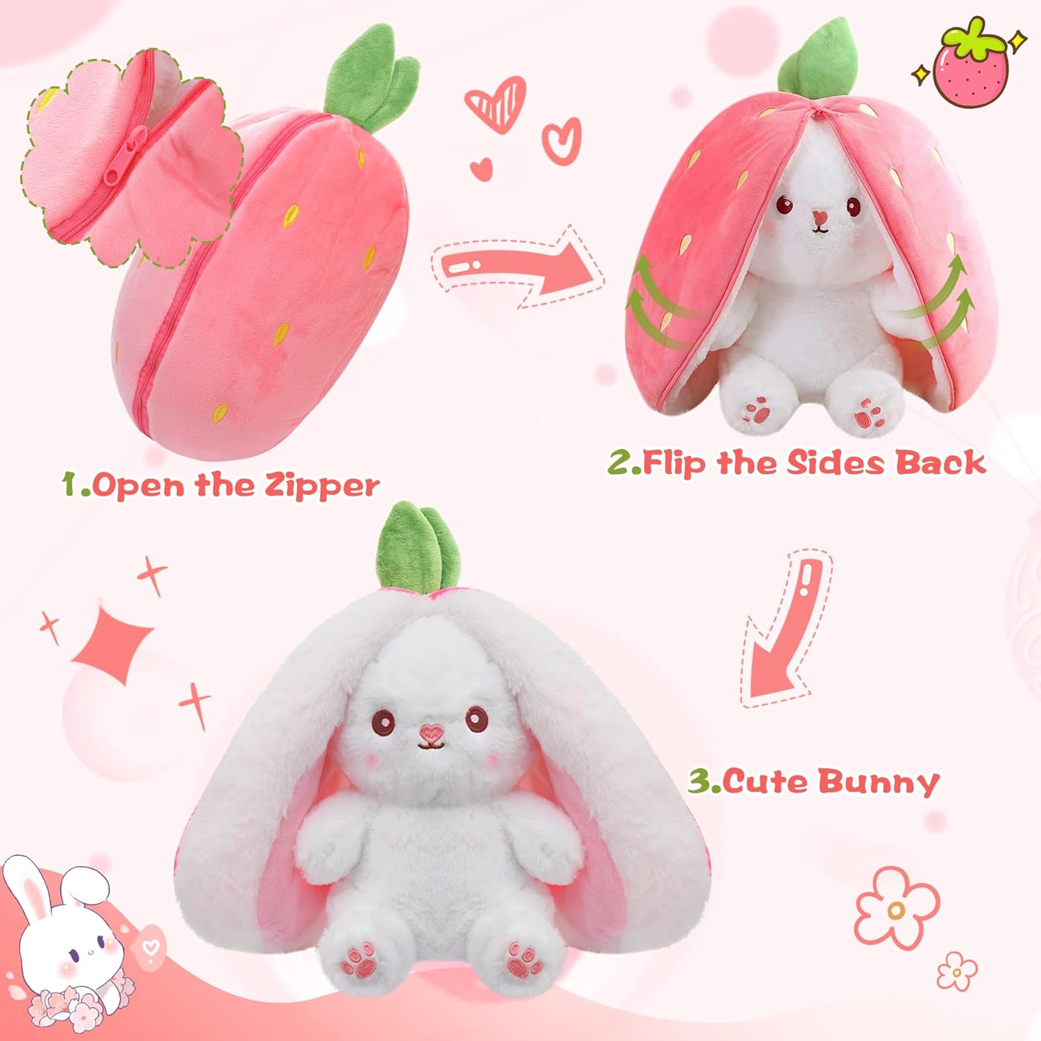 (Pack of 6) Cuddle Bunny Stuffed,Strawberry  Bunny Transformed Rabbit Plush Zipper,Turns Into Ears Bunnies Plushies Toy Cute Stuffy Doll