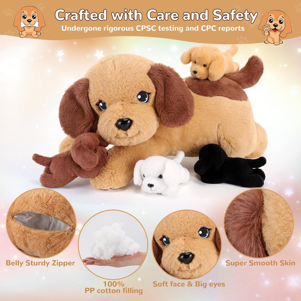 (Pack of 5) 5 Pieces Dog Stuffed Animals with Babies Inside Belly - 1 Mommy Stuffed Dog with 4 Puppy Plush - Stuffed Puppy Plush Toy for Kids Age 3-8