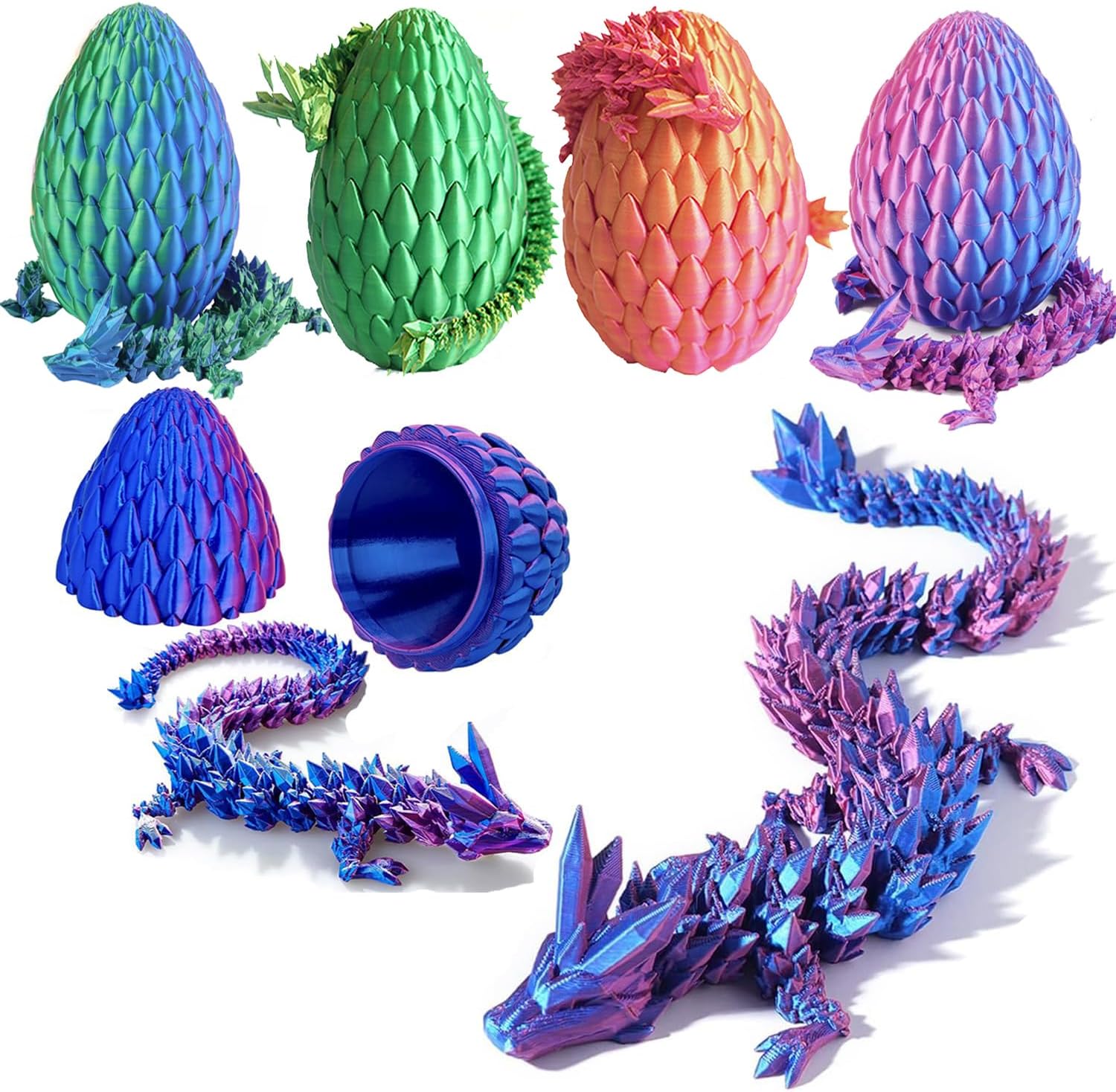 (Pack of 7) 12inch 3D Printed Dragon Egg,Mystery Crystal Dragon Fidget Toys,Articulated Dragon,Home Desk Decor Easter Surprise Dinosaur Eggs,Adults Fidget Toys for Autism/ADHD (Laser Purple)