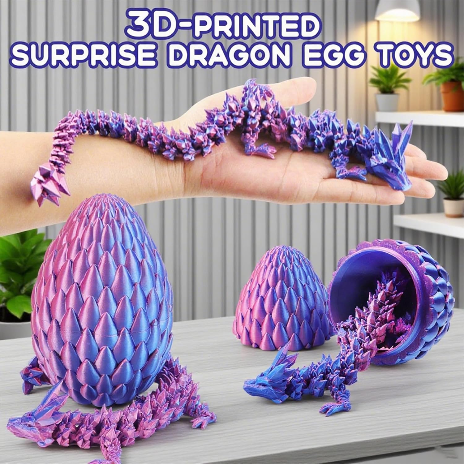 (Pack of 7) 12inch 3D Printed Dragon Egg,Mystery Crystal Dragon Fidget Toys,Articulated Dragon,Home Desk Decor Easter Surprise Dinosaur Eggs,Adults Fidget Toys for Autism/ADHD (Laser Purple)