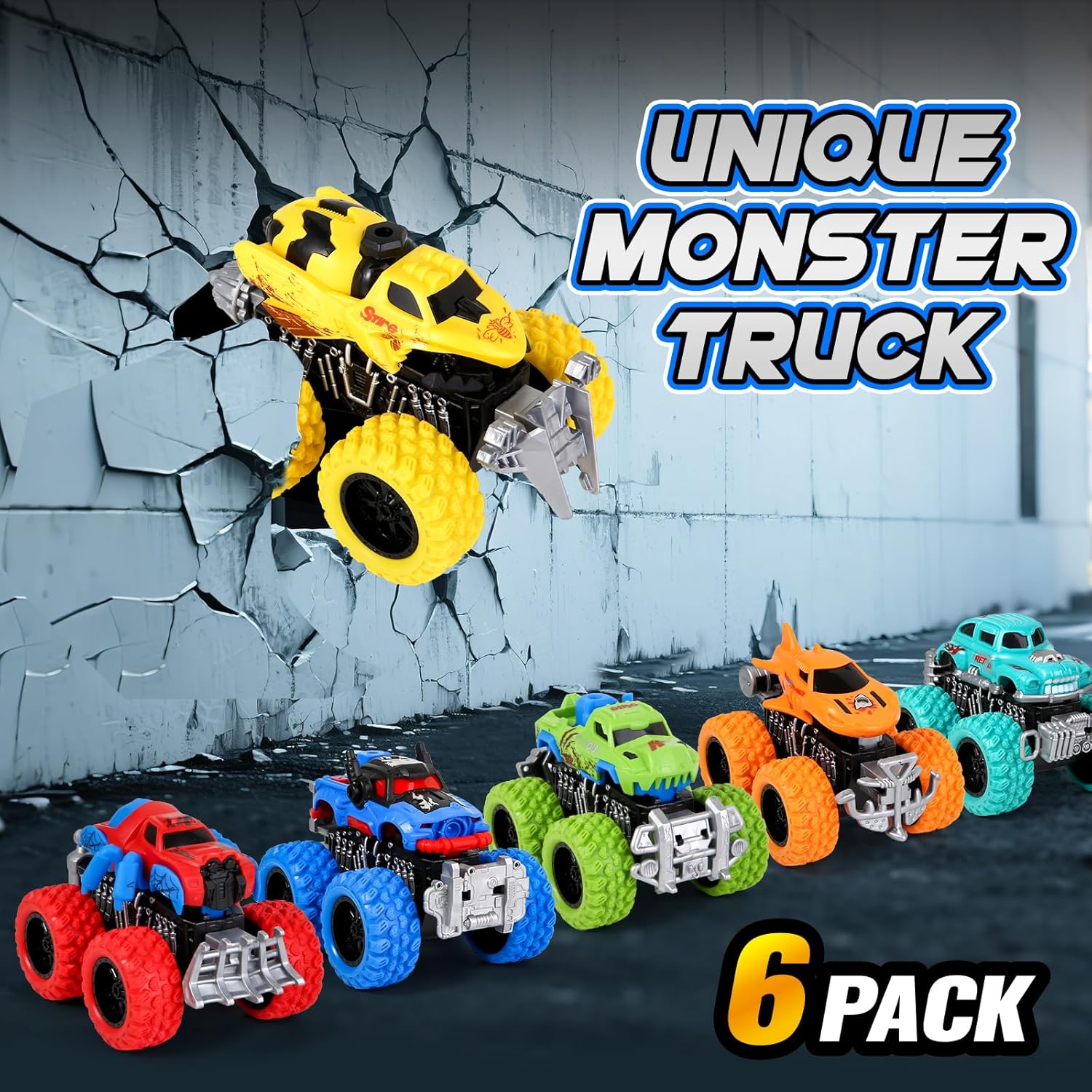 (Pack of 9)Monster Truck Toys for Kids, 6 Pack Friction Powered Push and Go Cars