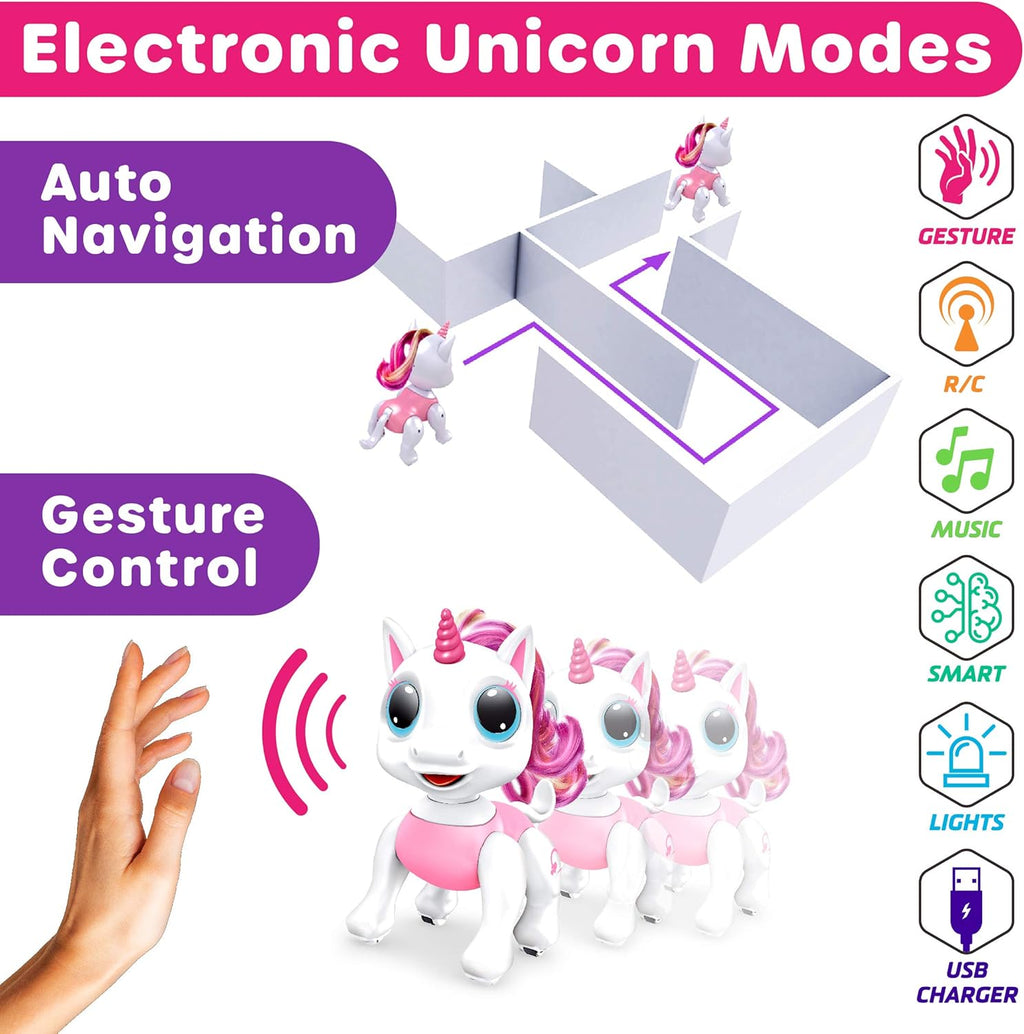 (Pack of 4) Pets Unicorn Toy for Girls and Boys - Remote Control Robot Toys with Interactive Hand Motion Gestures, STEM Programmable Treats, Walking, Dancing Robot Unicorn Kids Toy (Pink)