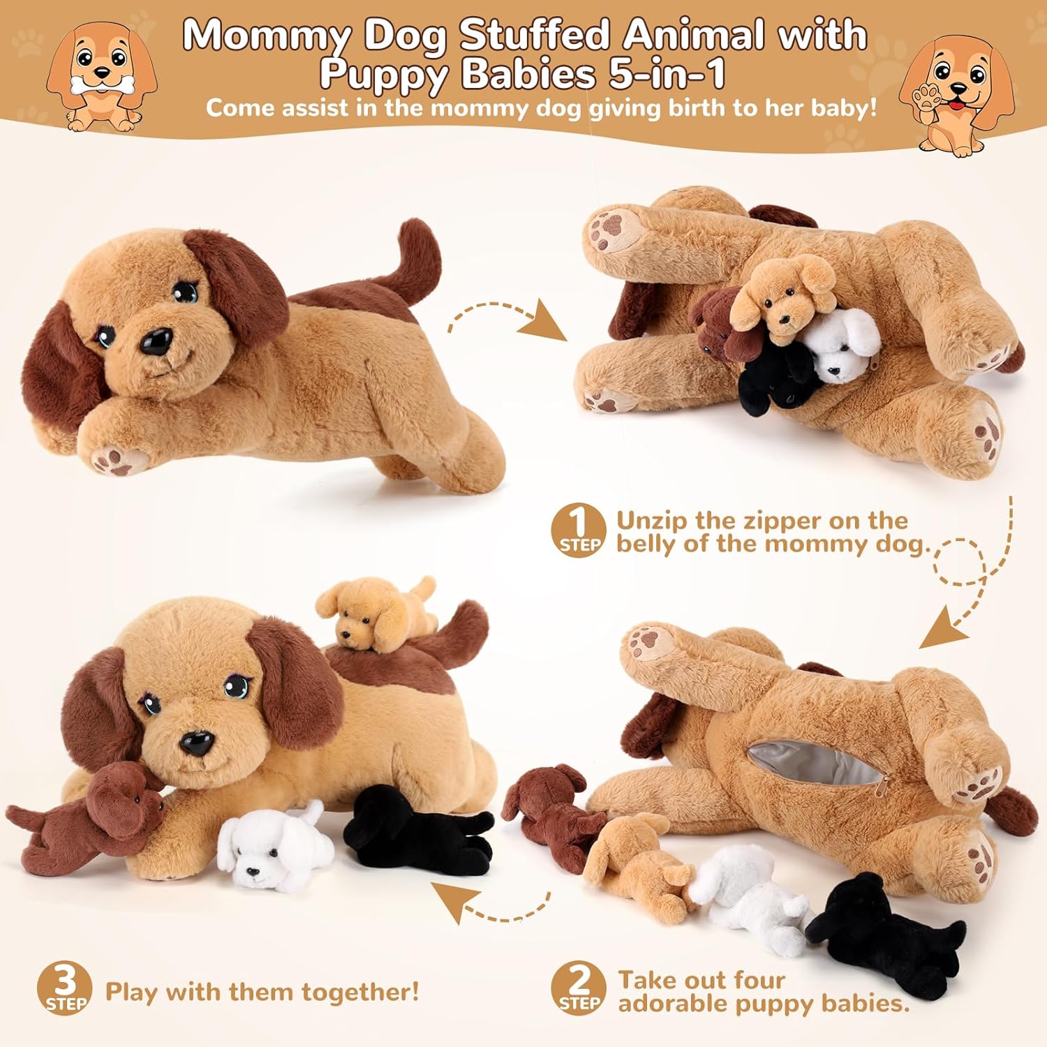 (Pack of 5) 5 Pieces Dog Stuffed Animals with Babies Inside Belly - 1 Mommy Stuffed Dog with 4 Puppy Plush - Stuffed Puppy Plush Toy for Kids Age 3-8